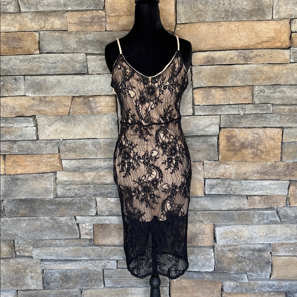 Elegant BEBE Black Lace Slip Dress